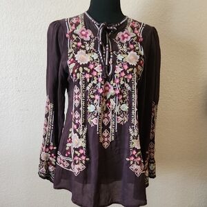 Johnny Was Floral Embroidered Blouse -Brown